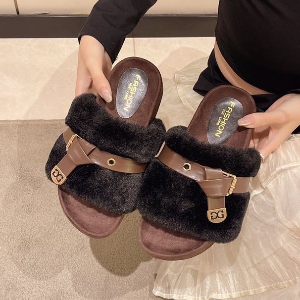 2025 Autumn Winter New Fashion Furry Suede Slippers For Women, Thick Sole Height Increasing One-Word Slippers, Versatile_vogvips.com