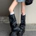 Women's Shoes Genuine Leather Big Head Trouser Boots Hot Girl Pile Boots Thick Bottom Boots Not Above The Knee High Boots High Knight Boots_vogvips.com
