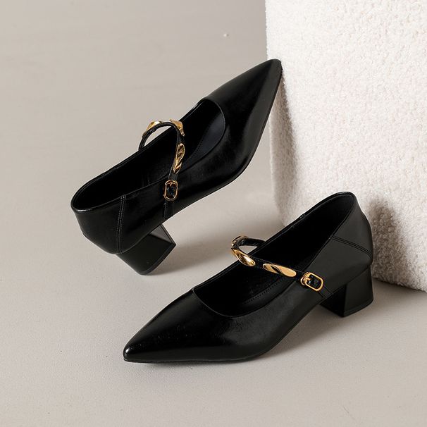 Sheepskin French-style Pointed-toe Chunky Heel Women's Shoes 2025 Spring/autumn With Metal Strap, Shallow Mary Jane_vogvips.com