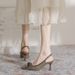 French-style Elegant Bow High-heeled Shoes For Women, Plaid Embossed Design, Thin Heel, Pointed Toe, Shallow Cut,_vogvips.com