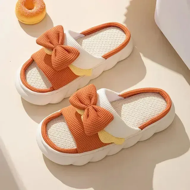 en Women Indoor Slippers Comzy Anti-Slip House Cotton Shoes Cute Bowknot Flat Slipper Couples Slides Spring Summer_vogvips.com