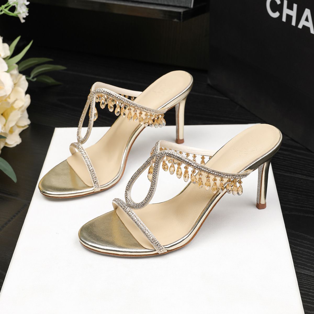 Rhinestone Ribbon, Champagne Color, Fairy Style High Heels, Summer Outdoor Sandals_vogvips.com