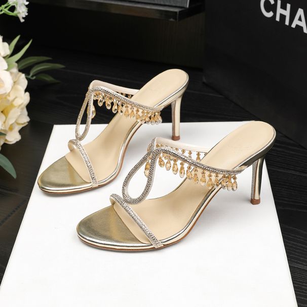 Rhinestone Ribbon, Champagne Color, Fairy Style High Heels, Summer Outdoor Sandals_vogvips.com