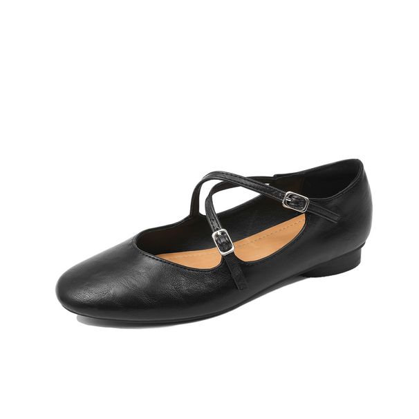 Genuine Leather Single Cross Mary Jane Retro Shallow Mouth 2025 Spring New Elegant Low-Cut Flat Shoes For Women_vogvips.com