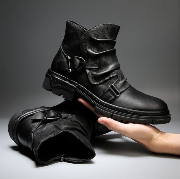 2025 Tall Men's Winter Brown Car Seam Solid Color Jack Captain Front Strap Men's Boots Martin Boots_vogvips.com