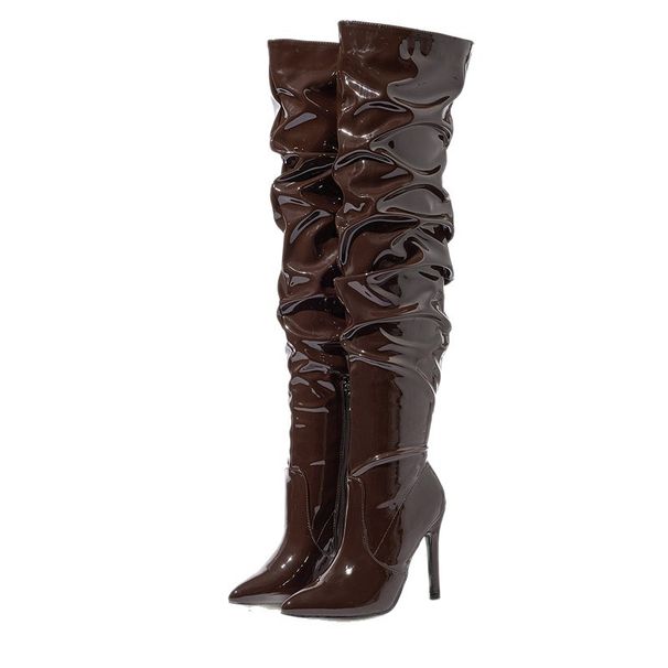 Elegant Pointed-Toe High Heel Over-The-Knee Boots For Women - PU Leather, 11CM Heel, Slip-Resistant, Fashionable & Comfortable (Dark Brown)_vogvips.com