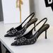 French Sweet Style Sequin Bead Bow High-heeled Shoes With Pointed Back And Empty Back Straps, Single Shoe For Women_vogvips.com