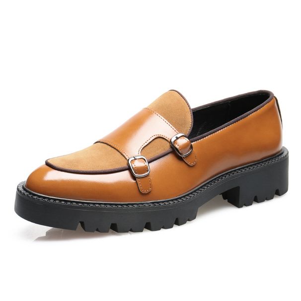 Fashion Men's Casual Leather Shoes Men Classic British Style Monk Loafers Mens Slip-on Thick Sole Heightened Shoe Patchwork_vogvips.com
