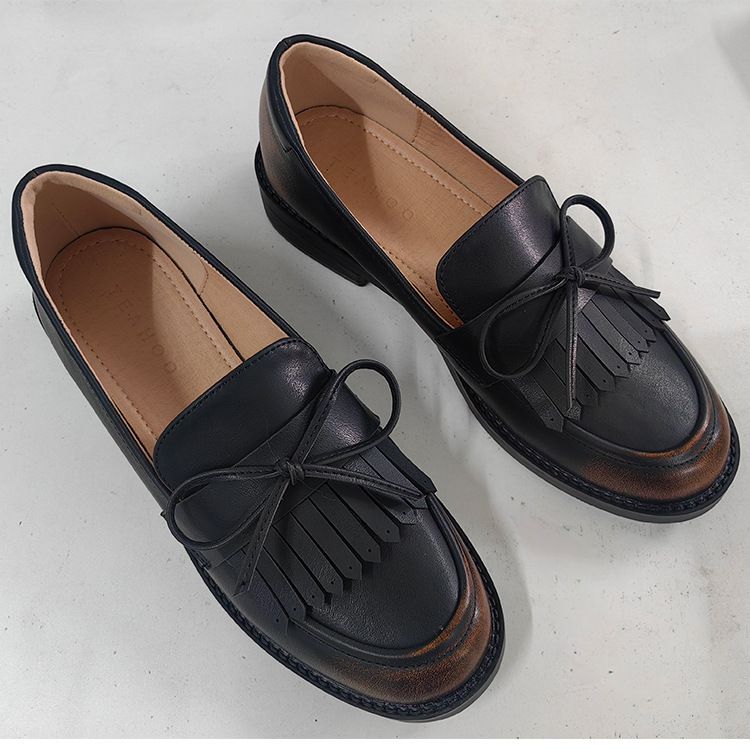 Spring New Single Women Black Thick Heel Tods Korean Bow Loafers Flat Work Shoes Wholesale_vogvips.com