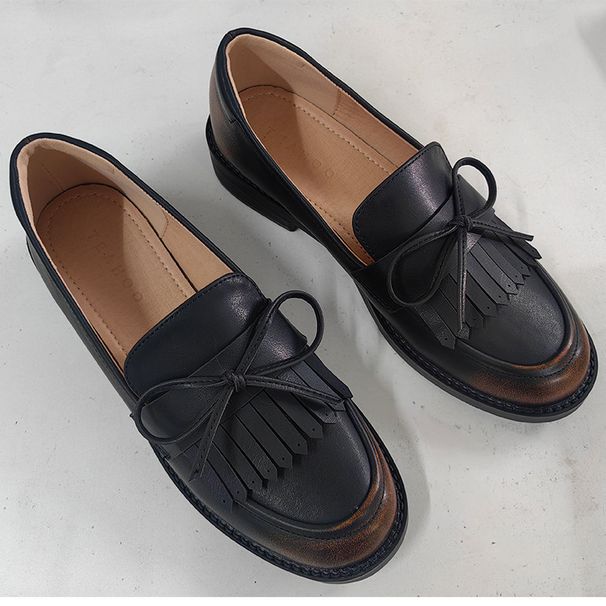 Spring New Single Women Black Thick Heel Tods Korean Bow Loafers Flat Work Shoes Wholesale_vogvips.com