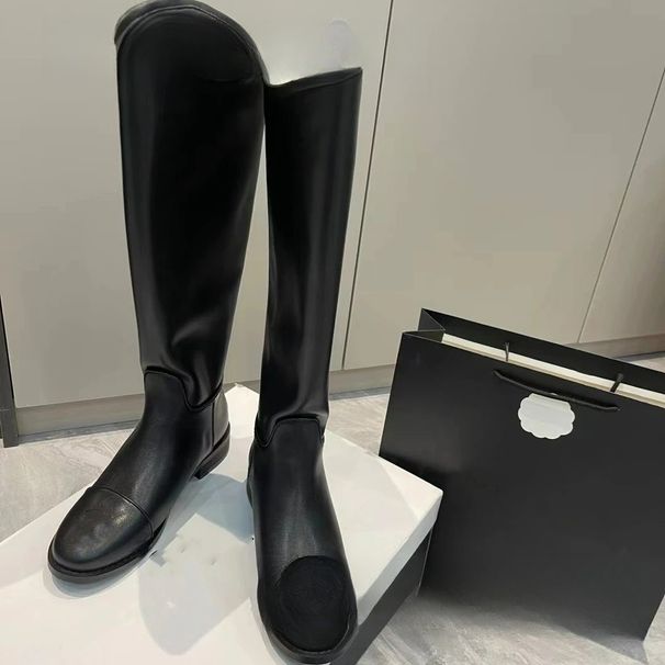 Xiaoxiangfeng Black Flat-bottomed Boots Women's 24 New Round Head But Knee Boots Women's Tall Thin Boots_vogvips.com