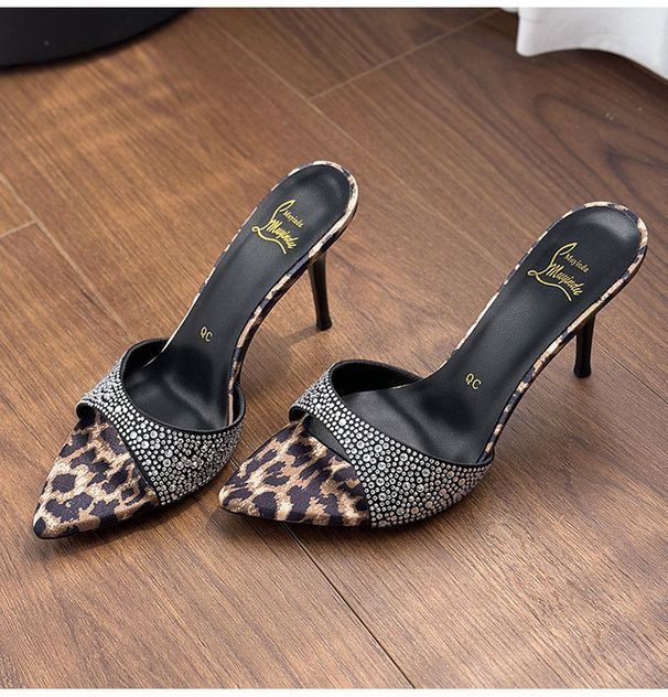 Pointed Stiletto Heels Women Wear Leopard Print Sexy Rhinestone Super High Heel Sandals_vogvips.com
