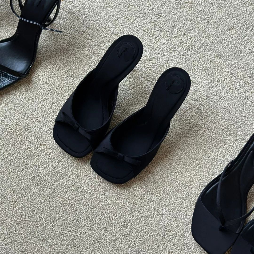 French Square Toe Niche Styleoutwearbowsmuller High-heeled Slippers For Women, Thin-heeled Sandals, Black Sexy Half Slippers_vogvips.com
