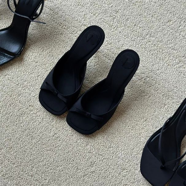 French Square Toe Niche Styleoutwearbowsmuller High-heeled Slippers For Women, Thin-heeled Sandals, Black Sexy Half Slippers_vogvips.com