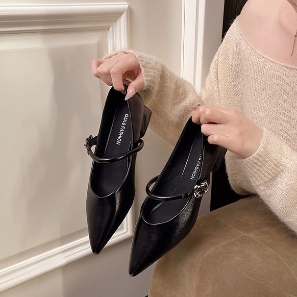 2025 Spring And Autumn New Red Mary Jane Shoes For Women, Chunky Heel, French Style, Versatile, High-End, Pointed Toe,_vogvips.com
