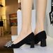 5297-H72 Korean Version Banquet Socialite Women's Square Toe, Mid Heel, Shallow Mouth, Rhinestone Bow, Suede, Coarse_vogvips.com