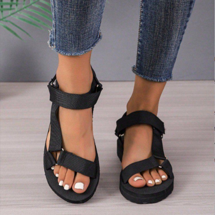 Plus-size Velcro One-line Buckle Women's Sandals New Muffin Bottom Open-toe Cloth Bow Shoes_vogvips.com