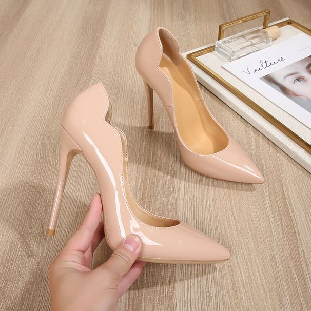Nude High-heeled With An Elegant Deign, 2024 Patent V-cut New Model, Godde Pointed Toe Exy Oft Leather Lip-on_vogvips.com