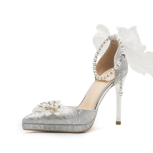 Women's Shoes Wedding Party Silver High Heels Women's Stiletto Pearl Bow Rhinestone Bridal Wedding Shoes Waterproof Platform Single Shoes_vogvips.com