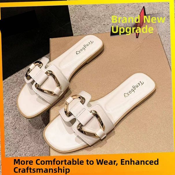 Women's Flat Summer Sandals Casual Slip-On With Metal Decoration One Strap Stylish Wearable PU Slides Multi-Color_vogvips.com