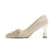 Women's Elegant Satin Wedding Shoes C799 French High Heels 13 Pointed Toe Chunky Mid Heel With Pearl Versatile Sizes 34-40_vogvips.com