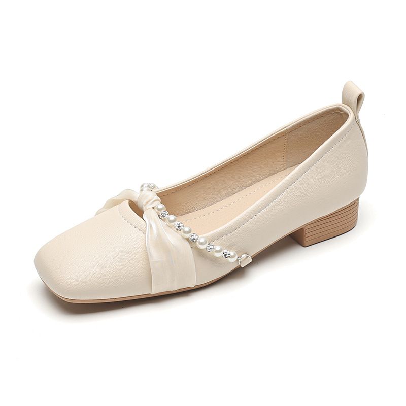 Coarse Heel Single Shoes Women's Square Head Beaded Versatile Fairy Style With Skirt Large Size Women's Shoes_vogvips.com