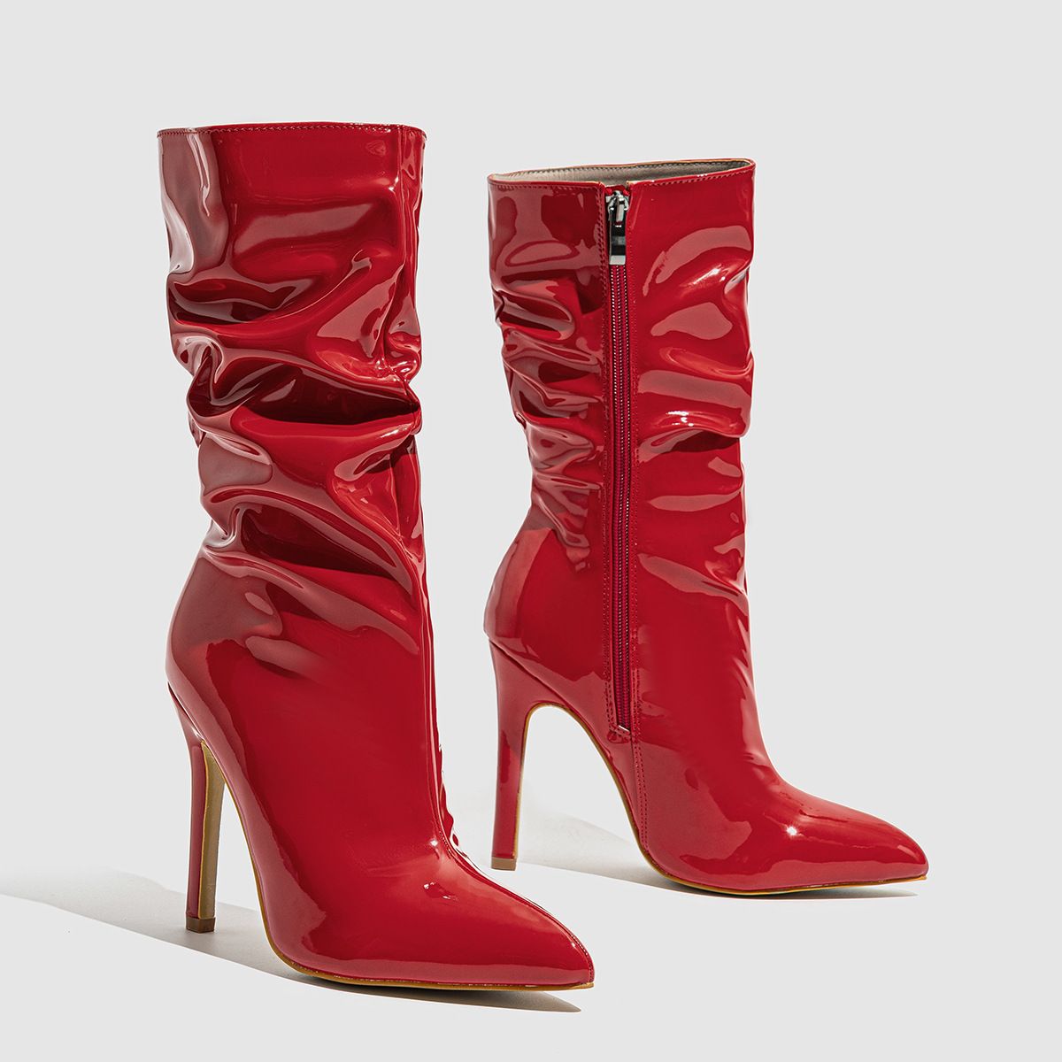 Women's Stacked Heel Boots - Pointed Toe High Heel Fashion Boots With Side Zipper, Ultra Shiny Patent Leather, Comfortable PU Insole, European Style_vogvips.com
