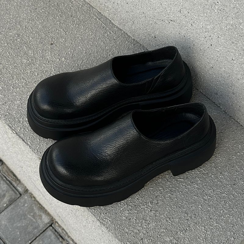 Thick Soled Trendy Men's Commuting Slip In Mickey Round Derby For Men 7CM Height Increasing Big Toe Leather Shoes_vogvips.com