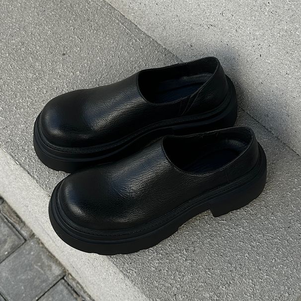 Thick Soled Trendy Men's Commuting Slip In Mickey Round Derby For Men 7CM Height Increasing Big Toe Leather Shoes_vogvips.com