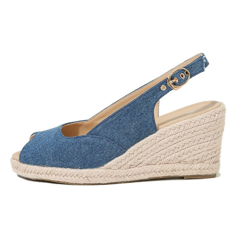 Women's Braided Jute Peep-Toe Wedge Sandals - Women's Platform Shoes With Buckle & Denim Accents (Blue)_vogvips.com