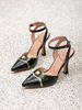 Black Alligator Pointed Sandals Metal Trim Pearl Buckle Sexy Stiletto High Heels_vogvips.com