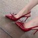 High Heels 2025 Summer New Sexy Pointed Burgundy Bowknot Closed Toe Stiletto French Style Sandals For Women_vogvips.com