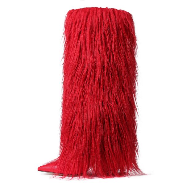 Y2K Women Fuzzy Plush Knee-High Boots Pointed Toe Stiletto Heel Fluffy Winter Vibe EssentialWarm Party Boots_vogvips.com
