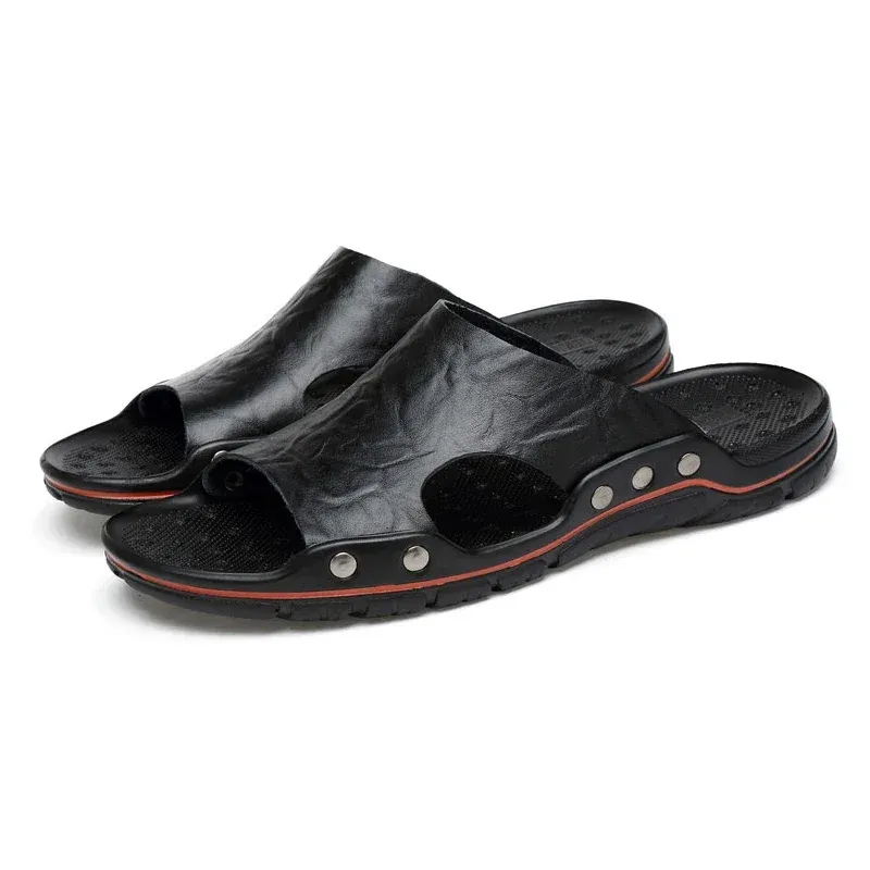 YRZL Mens Sandals PU Leather Classic Summer Soft Black Big Size Slippers Lightweight EVA Slides For Men_vogvips.com