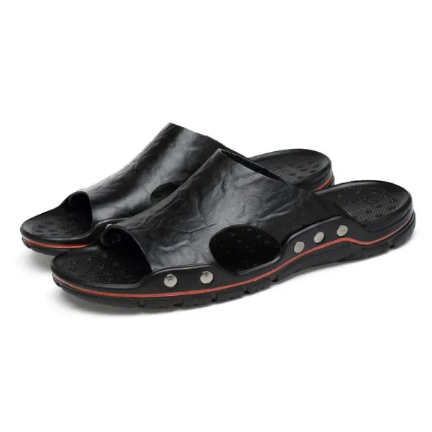 YRZL Mens Sandals PU Leather Classic Summer Soft Black Big Size Slippers Lightweight EVA Slides For Men_vogvips.com
