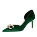 Women S High Heel Suede Shallow Mouth Pointed Side Hollow Rhinestone Buckle Pearl Bow Single Shoes_vogvips.com