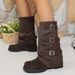 Vintage Western Cowgirl Boots With Belt Buckle Detail, Stacked Shaft, Chunky Heel & Platform For Women_vogvips.com