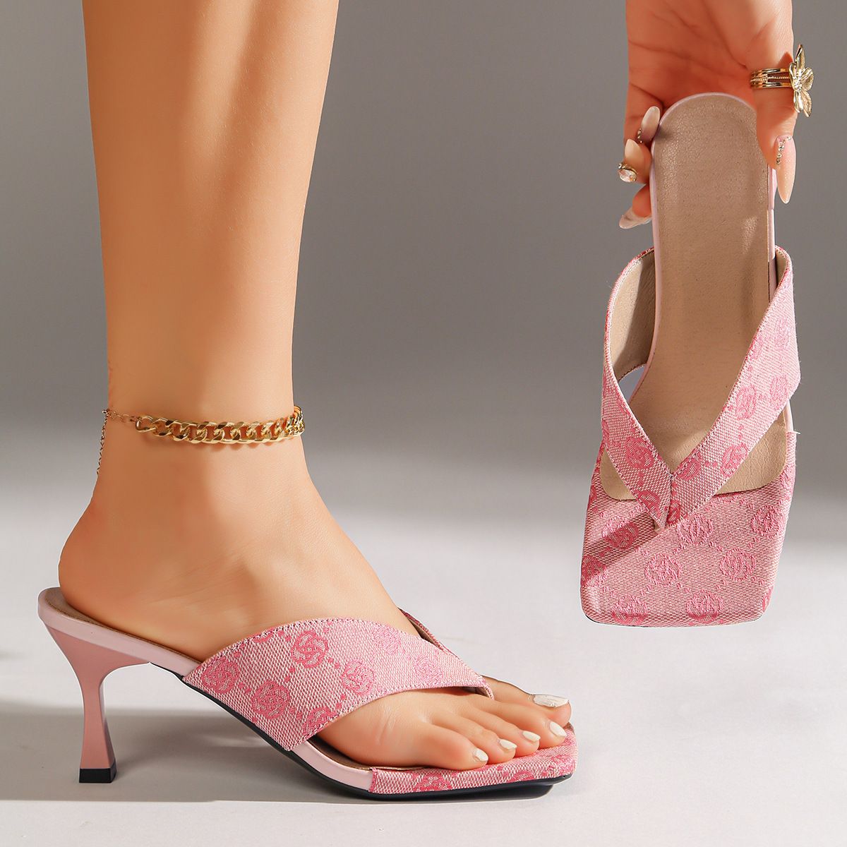 Plus Size Women's Open-Toe Slide Sandals With Rhinestone Decor Chunky Heel Comfortable Casual Thong Sandals For Summer_vogvips.com