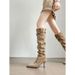 Women's Chic Pointed Toe Stiletto Knee High Boots With Belt Buckle Detail Stacked Folded Design Slimming High Heel Boots_vogvips.com