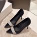 New Black Rhinestone Pointed Toe Low-heeled High Heels For Women, 9cm In Height. Elegant Shallow Toe Single Shoes, Versatile For Professional Wear._vogvips.com