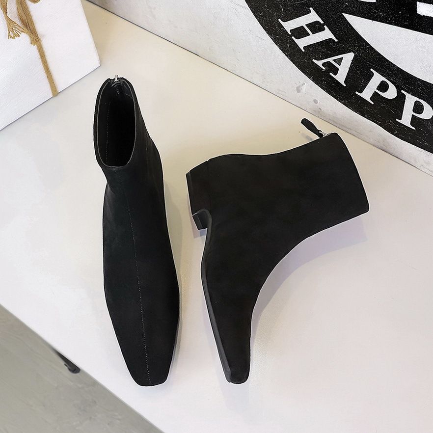 Korean Retro Style Thick Heeled Martin Boots, Small Bare Boots, Back Zipper Suede Square Toe Single Boots, Fashion Short Boots For Women_vogvips.com