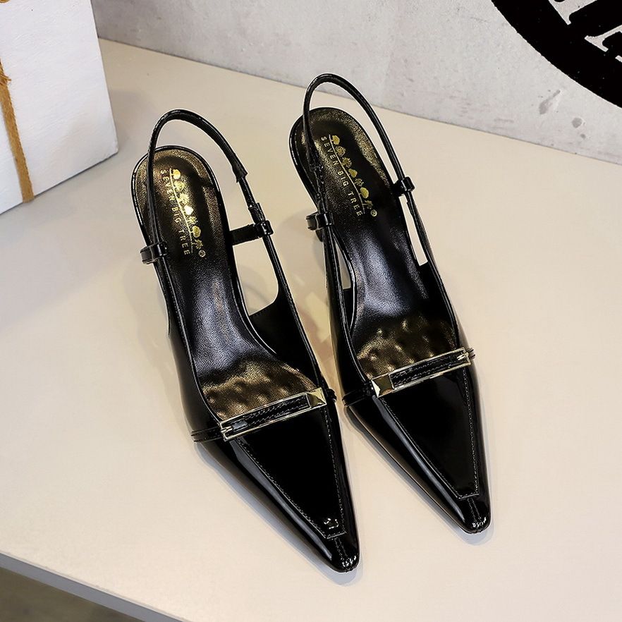 Pointed High Heels Stiletto Patent Leather Metal Buckle Rear Empty Rear Strap High Heels_vogvips.com