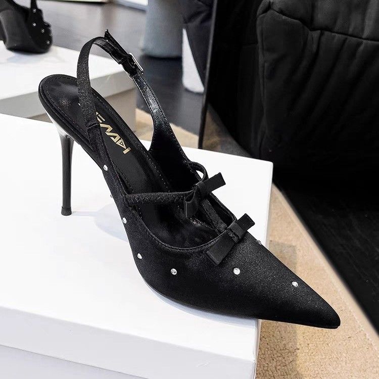 Deign Sene Polka Dot Rhinetone Bow Sexy Black High Heel Stiletto Pointed Toe Stunning Shallow Mouth Open Back_vogvips.com