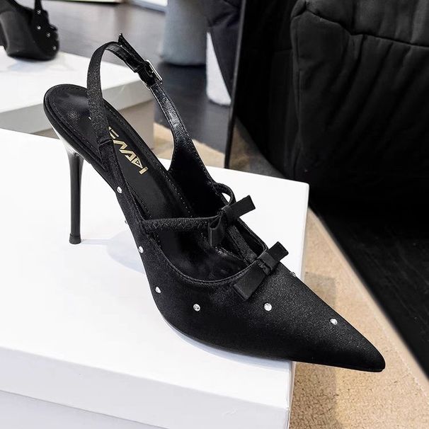 Deign Sene Polka Dot Rhinetone Bow Sexy Black High Heel Stiletto Pointed Toe Stunning Shallow Mouth Open Back_vogvips.com