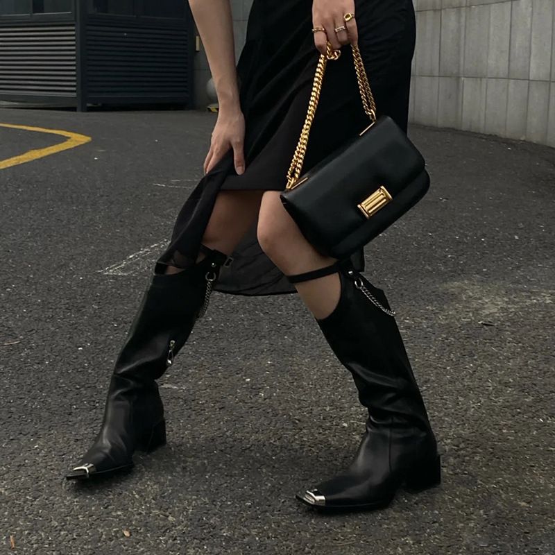 Long For Women 2021 New Autumn Winter Goddess Style Metal Chain Mid Square Toe Chunky Heel High Boots Over The Knee_vogvips.com