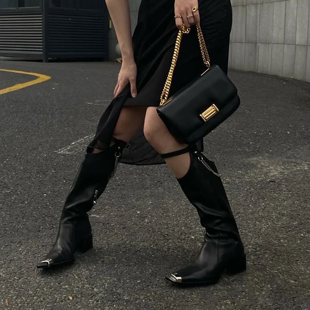 Long For Women 2021 New Autumn Winter Goddess Style Metal Chain Mid Square Toe Chunky Heel High Boots Over The Knee_vogvips.com