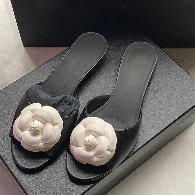 Women's Elegant Camellia Floral Flat Sandals Genuine Leather Summer Casual Slide Slippers Light Luxury Comfortable_vogvips.com
