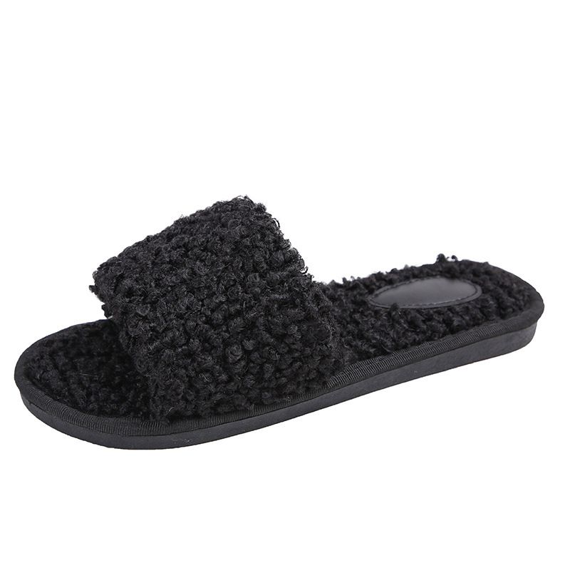 X Autumn Winter New Simple Lamb Wool One-Word Indoor Warm Home Slippers For Women_vogvips.com