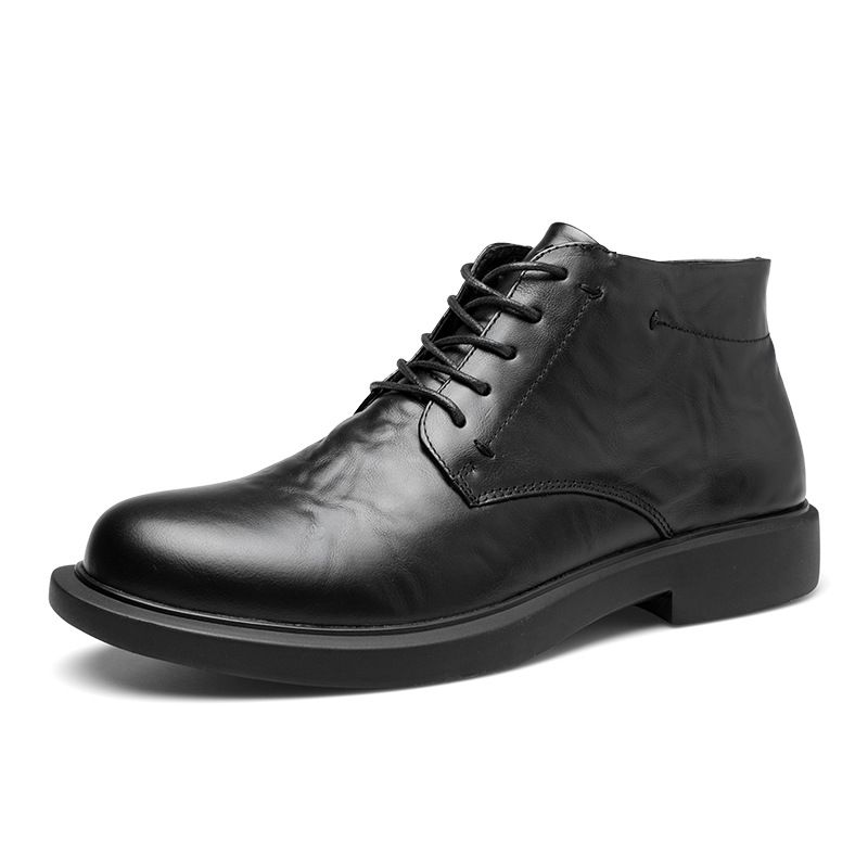 European Warm Series Men's Genuine Leather Martin Casual Fashion Short Round Toe Mid-top Black Flat Trendy Fleece Boots_vogvips.com