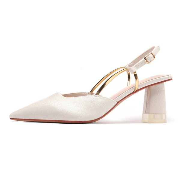 Fuhao Women's Single Shoes Spring 2022 Satin Thick Heel High Heels Metal Strap Round Toe Ladies Sandals_vogvips.com
